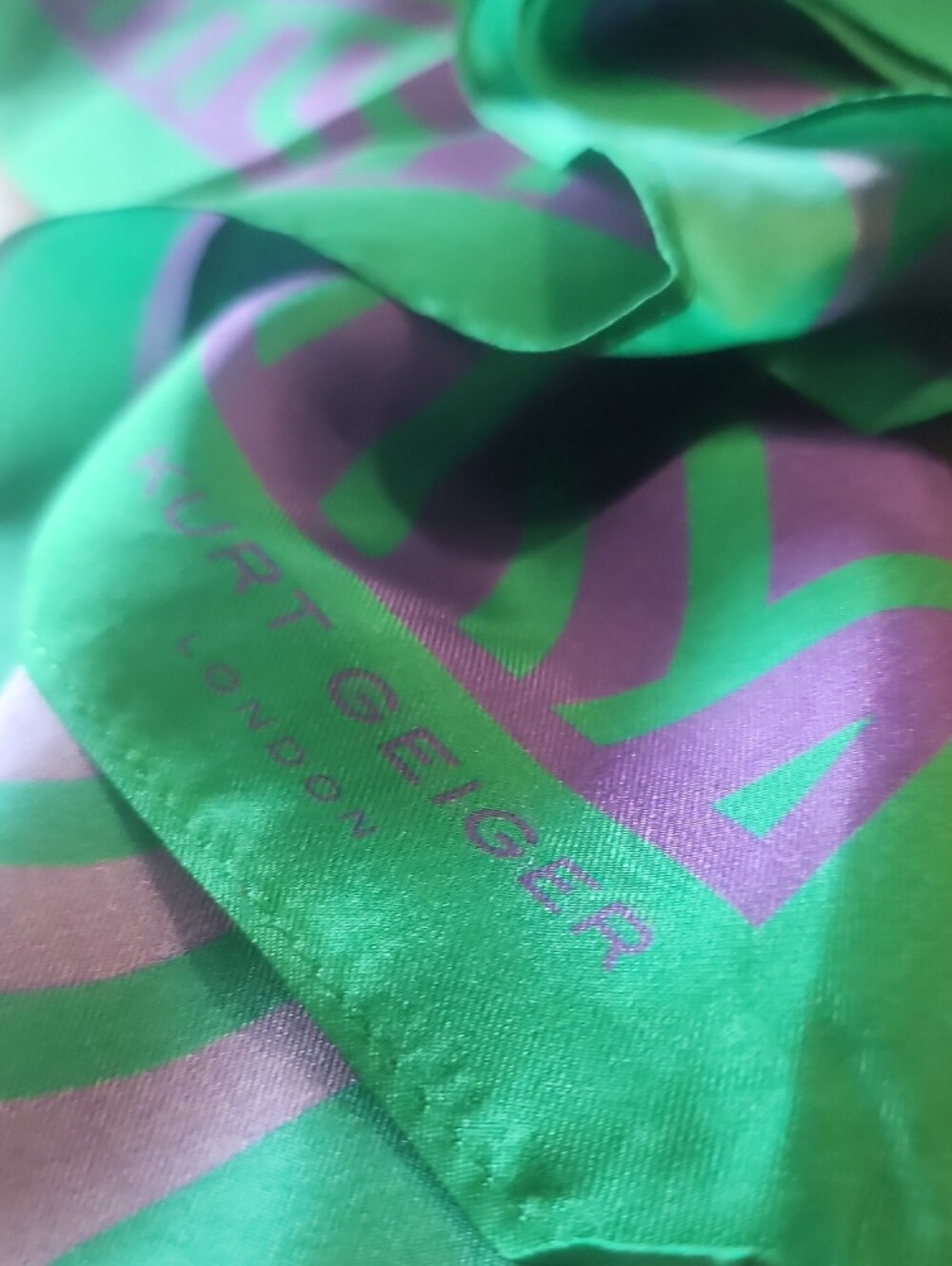 Kurt Geiger Green & Purple Geometric Silk Neck Scarf - Picture 4 of 11